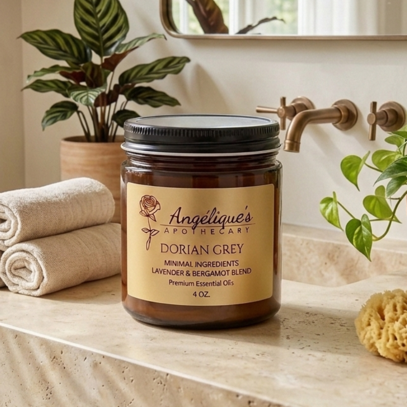 Jar of 'Dorian Grey' by Angéliques Apothecary on a bathroom counter with plants and towels.