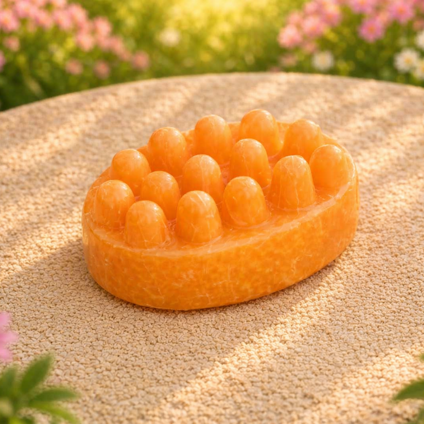 Orange dog toy with raised bumps on a textured surface with a blurred natural background