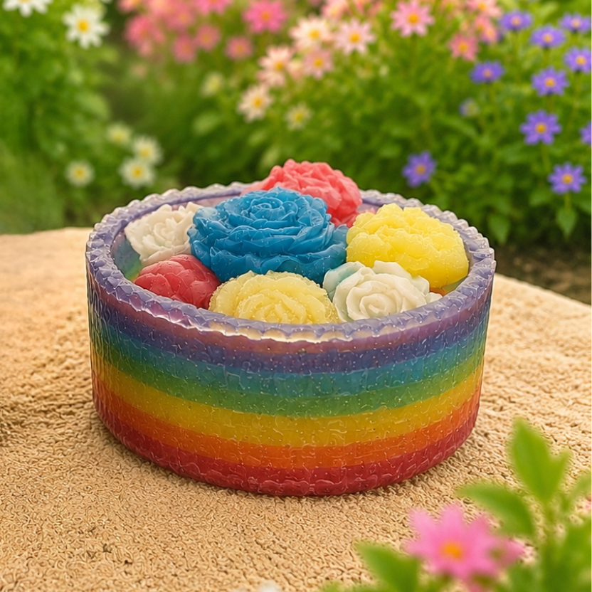 Colorful flower-shaped soap with rainbow stripes on a natural surface with flowers in the background