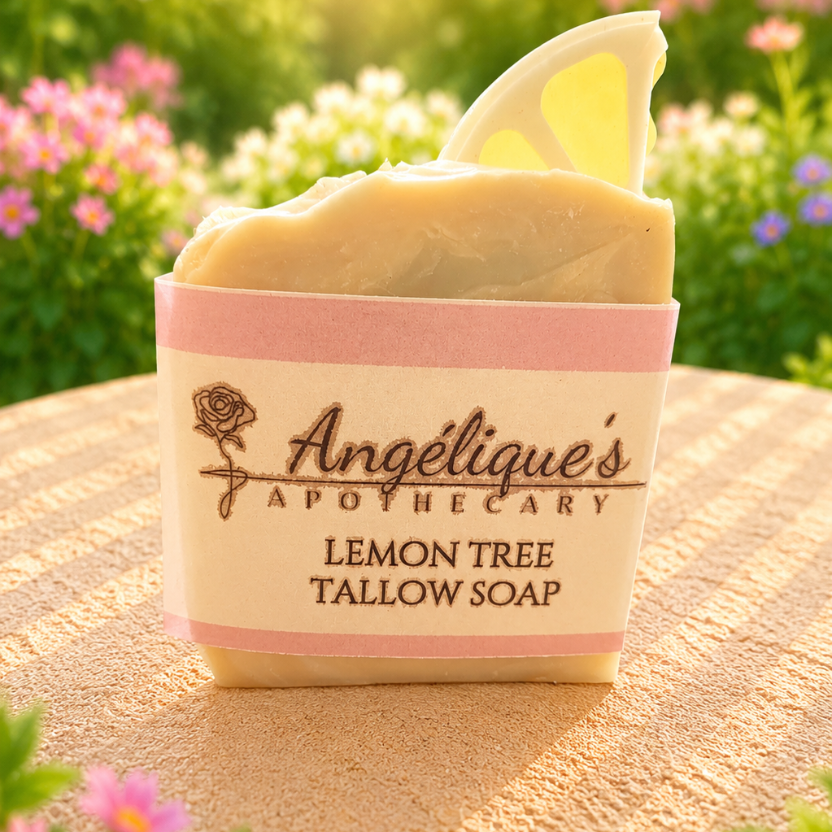 Bar of soap with 'Angéliques Apothecary' branding on a wooden surface with flowers in the background