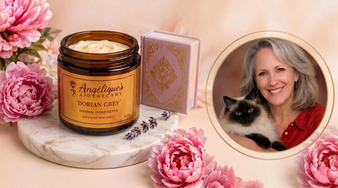 Angélique’s Apothecary owner Joan Maxwell holding Dorian Grey tallow skincare product banner