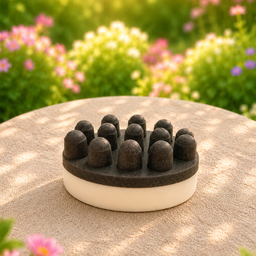 Pet water bowl with multiple nozzles on a stone surface with flowers in the background