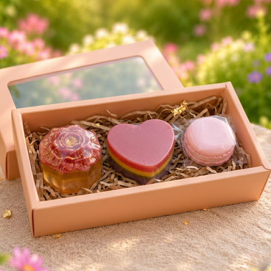 Three colorful soaps in a decorative box with a floral background