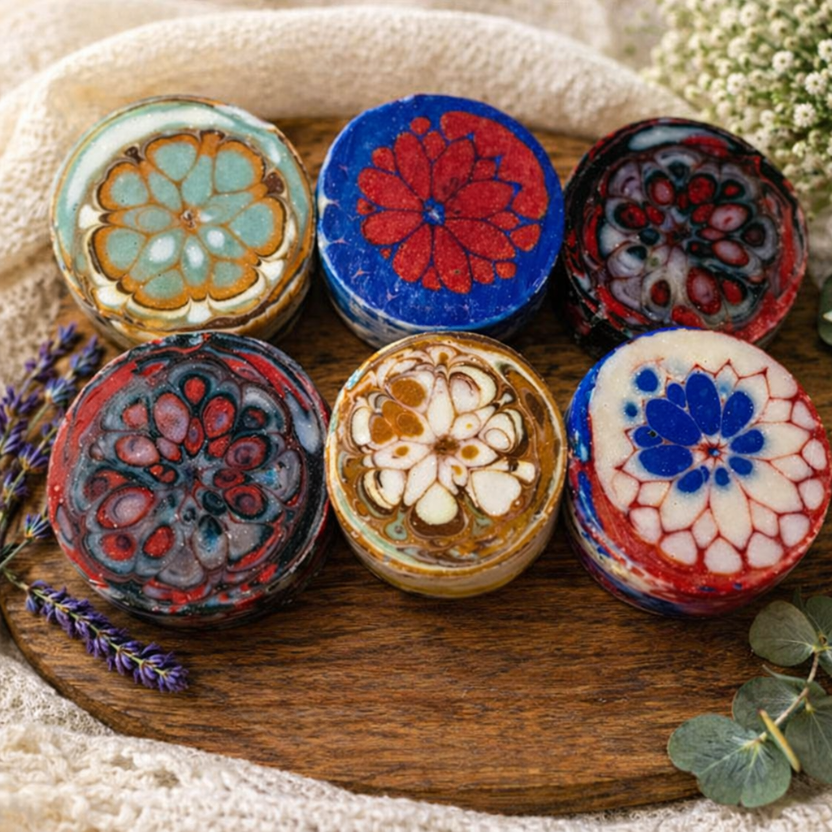 Kaleidesoaps soaps with floral patterns on a wooden board with lavender and eucalyptus leaves.