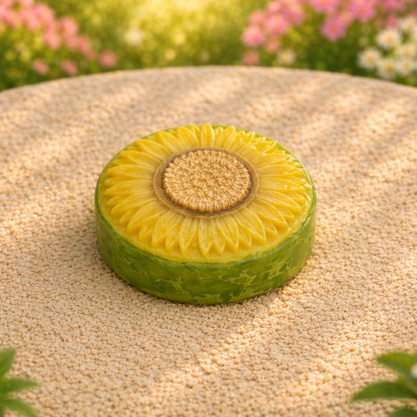 Sliced green fruit with a sunflower-like pattern on a textured surface with flowers in the background