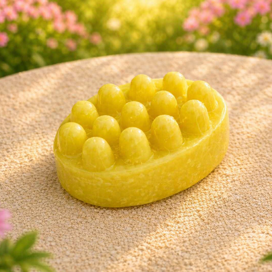 Yellow rubber dog toy with raised bumps on a textured surface with a blurred floral background