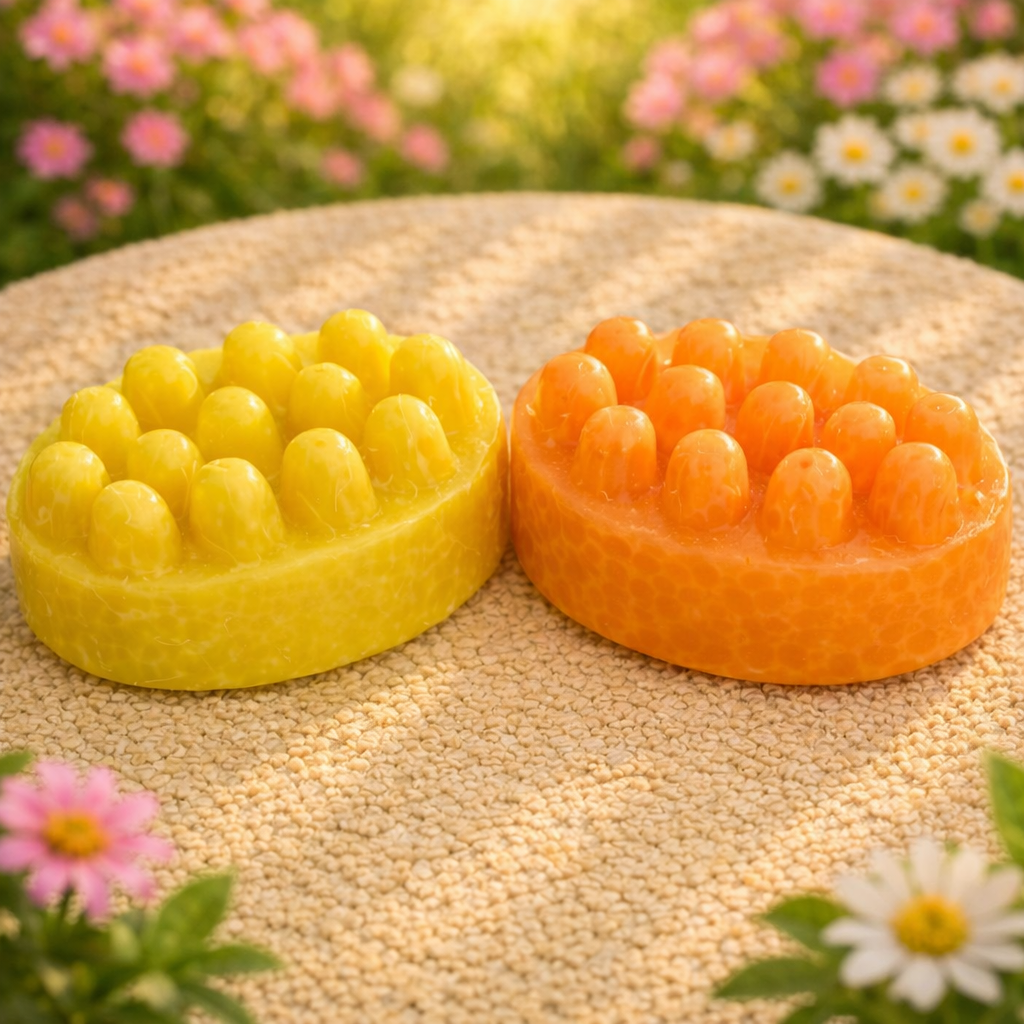 Two yellow and orange silicone mold shapes on a textured surface with flowers in the background