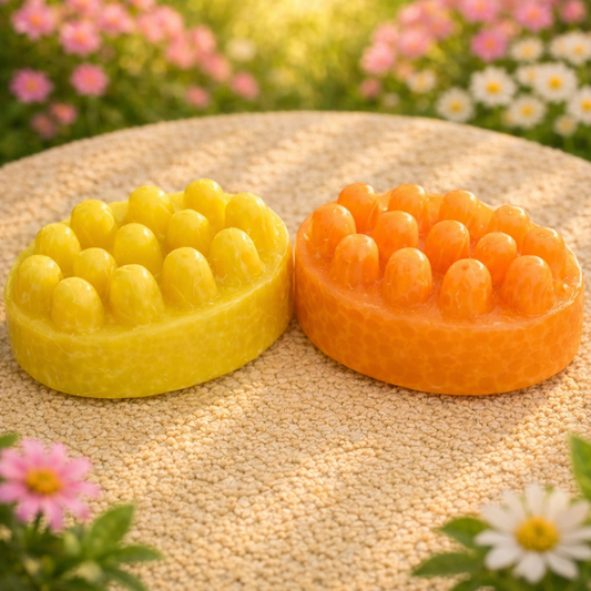 Two yellow and orange silicone mold shapes on a textured surface with flowers in the background