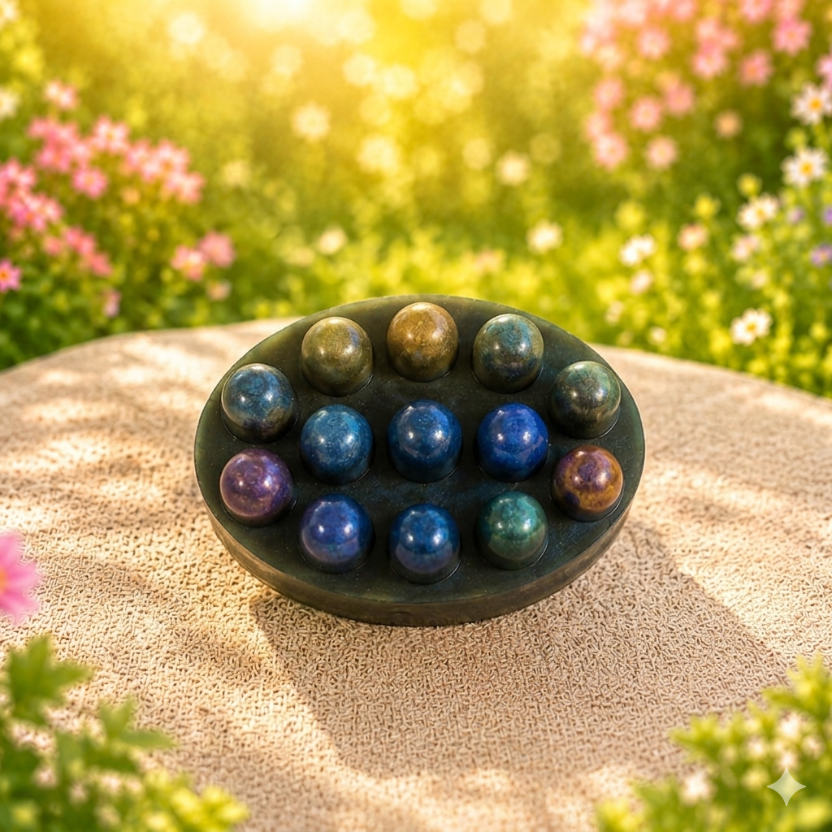 Decorative stone with colorful spheres on a sandy surface with flowers in the background