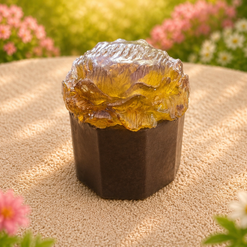 Decorative stone with a natural texture on a textured surface with blurred flowers in the background