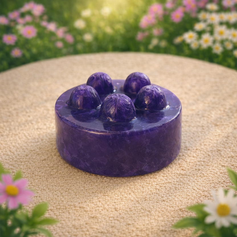 Purple soap bar with embedded stones on a textured surface with flowers in the background