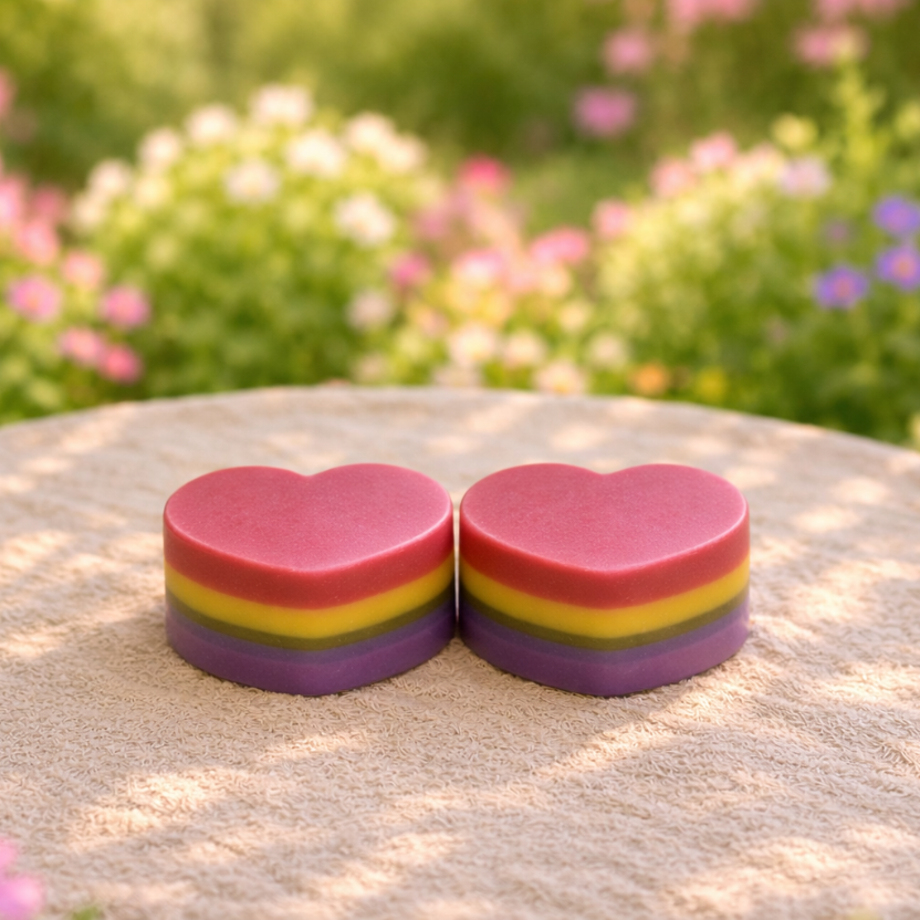 Two heart-shaped colorful soap bars on a sandy surface with a blurred floral background