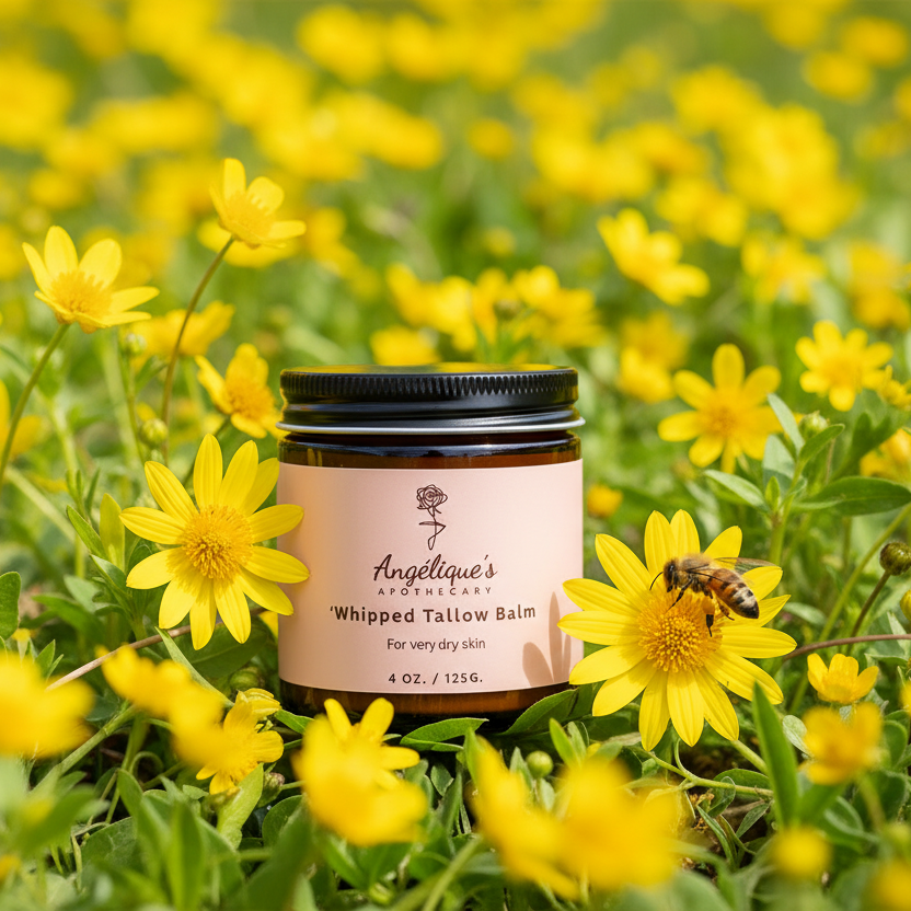 Jar of Angelique's Apothecary Whipped Tallow Balm surrounded by yellow flowers with a bee.