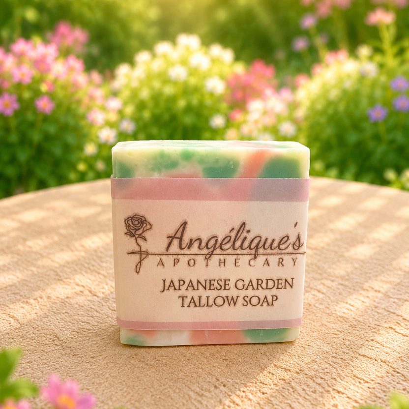 Bar of soap from Angélique's Apothecary with a garden-themed design on a wooden surface with flowers in the background.