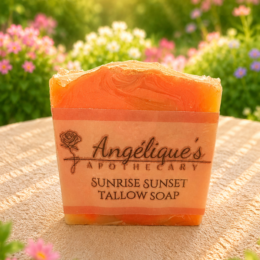 Bar of soap with 'Angélique's Apothecary' branding in a natural setting with flowers.
