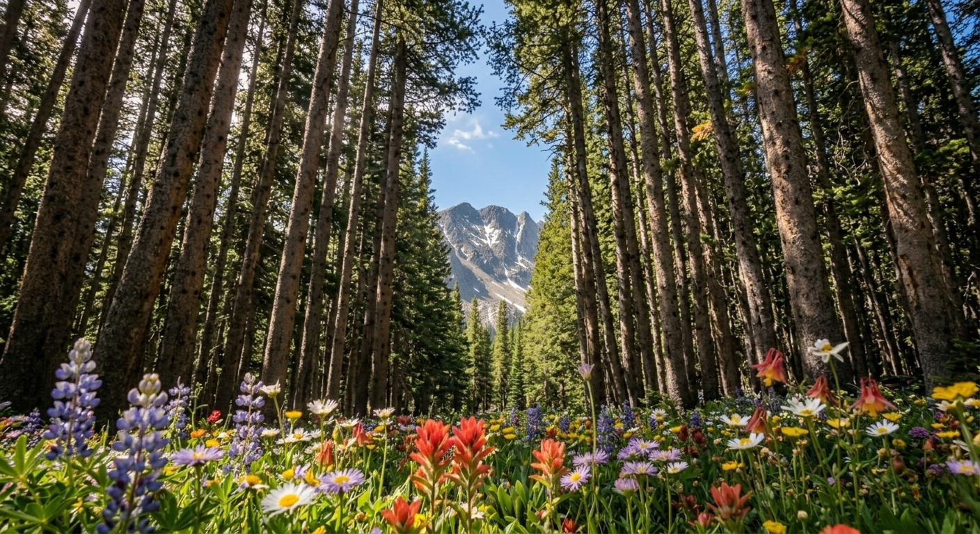 Forest with tall trees and colorful flowers in the foreground, mountain in the background
