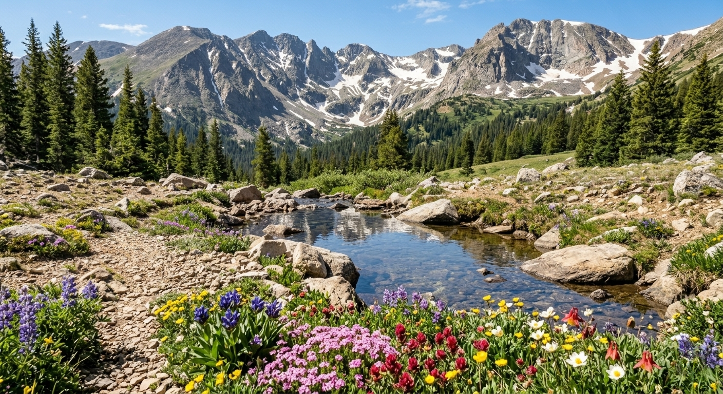 Mountain landscape with a stream, flowers, and trees on a sunny day.