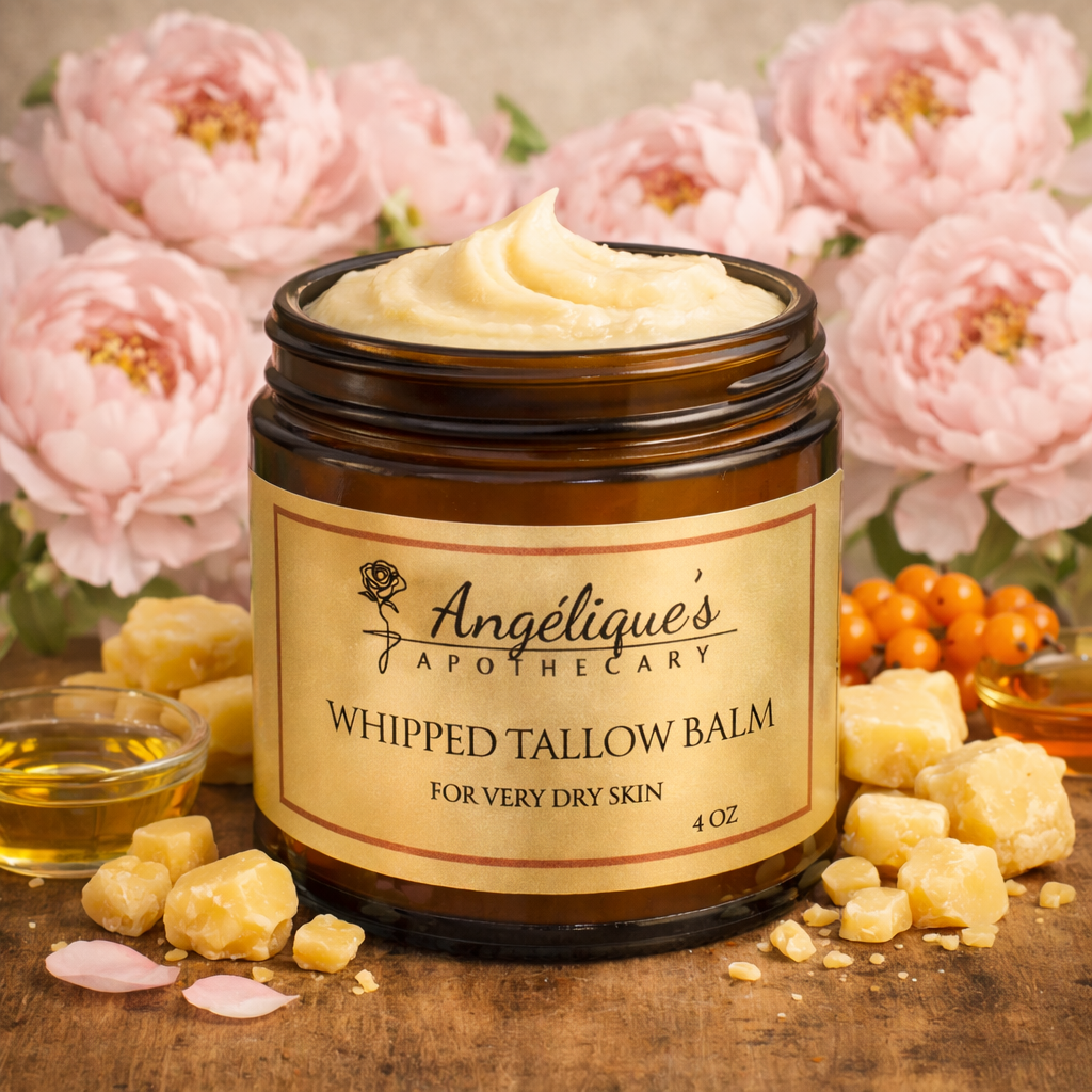 An open amber glass jar of Angelique's Apothecary Whipped Tallow Balm sits on a wooden surface surrounded by pale pink peony flowers, chunks of tallow, and small bowls of oil. The cream-colored balm is swirled at the top of the jar, and the label is clearly visible.