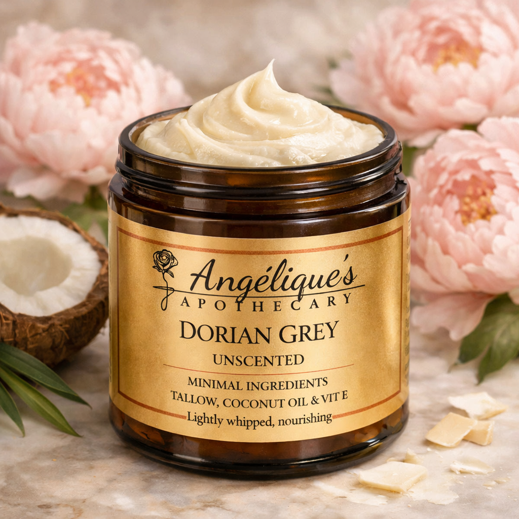 A jar of Angelique's Apothecary Dorian Grey Unscented body cream, filled with whipped cream and set against a background of pink peonies, a halved coconut, and white chocolate pieces.