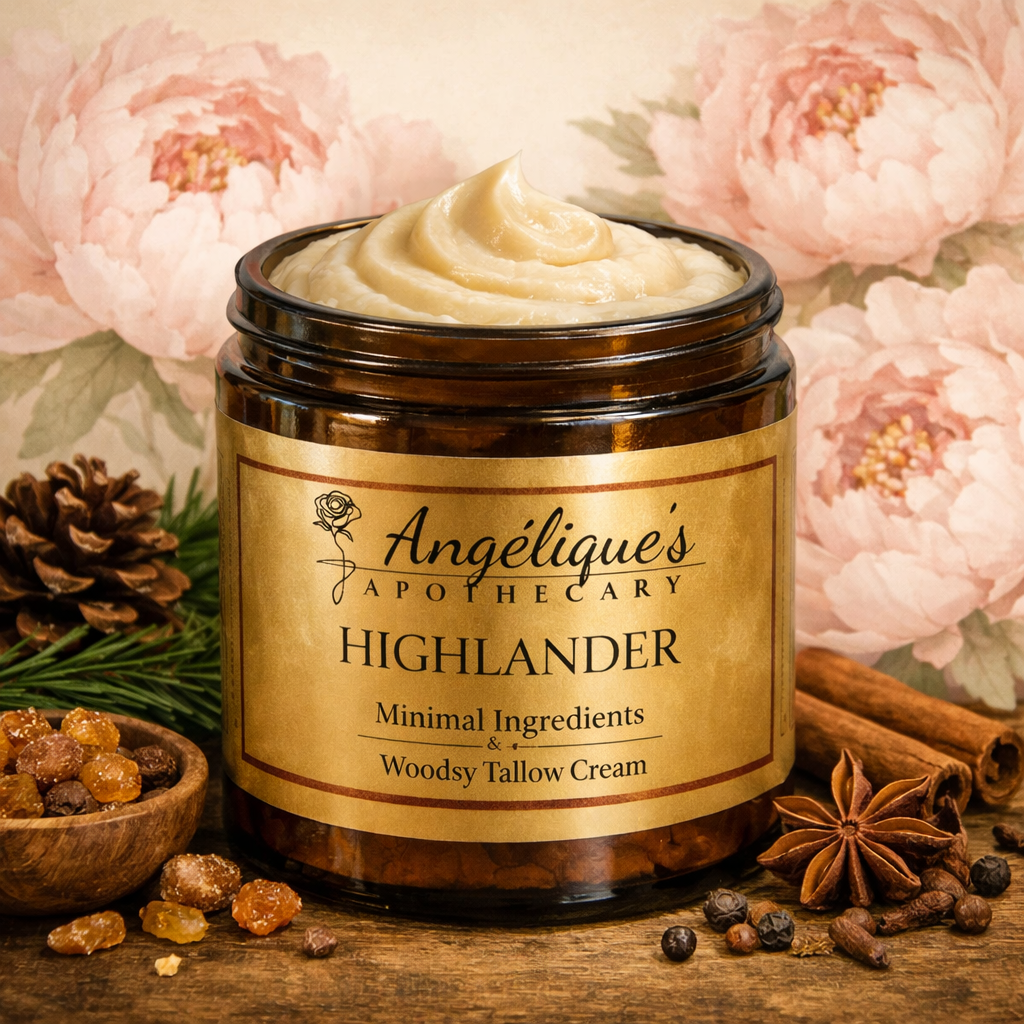 An open amber glass jar of Angélique's Apothecary Highlander Minimal Ingredients & Woodysy Tallow Cream, filled with pale cream-colored lotion and styled on a rustic wooden surface with cinnamon sticks, star anise, dried fruits, pinecones, and a floral peony background.