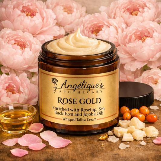 A jar of Angelique's Apothecary Rose Gold Whipped Tallow Cream sits on a rustic wooden surface surrounded by pink peony flowers, rose petals, small orange berries, and chunks of tallow. The amber glass jar has a gold label and its lid lies beside it.
