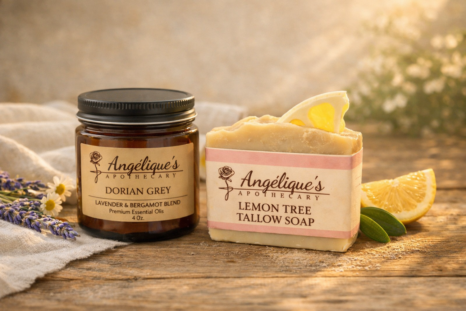 Jar of Dorian Grey essential oil and Lemon Tree Tallow Soap with lavender and lemon slices on a wooden surface.