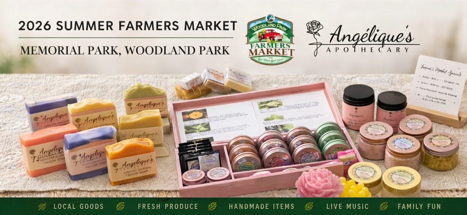 Promotional banner for the 2026 Summer Farmers Market at Memorial Park, Woodland Park, featuring Angéliques Apothecary products.